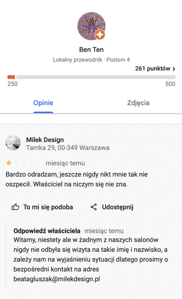 Ben Ten fałszywe opinie w wizytówce google